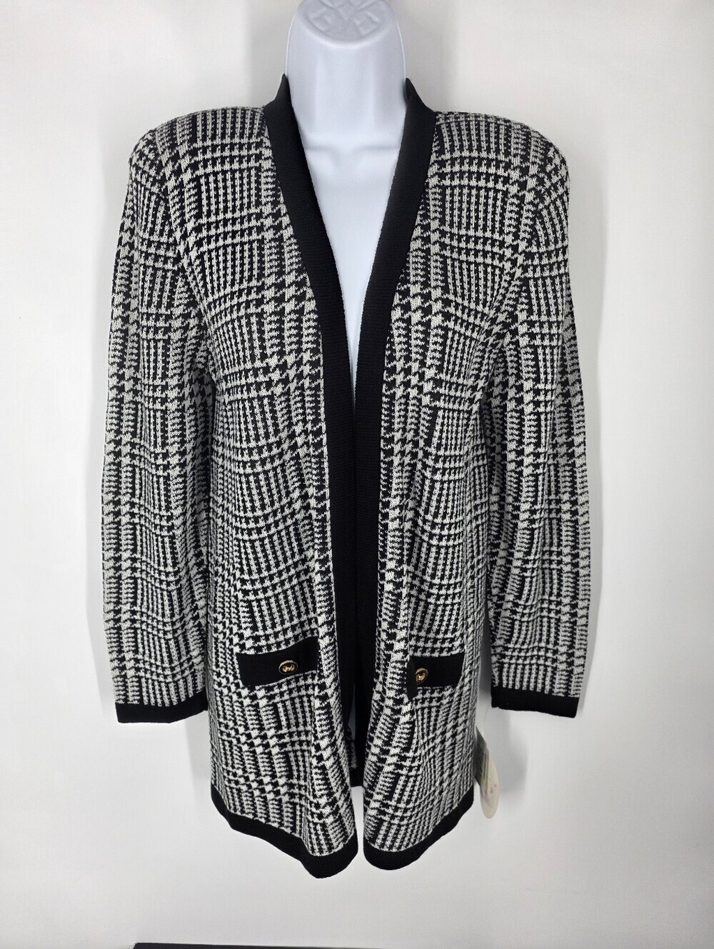 Dylani Knitwear Vintage Houndstooth Open Cardigan Jacket S Black Cream NWT